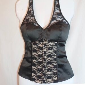 GUESS Lace Halter-Back Corset Style Top Womens Medium Black/cream